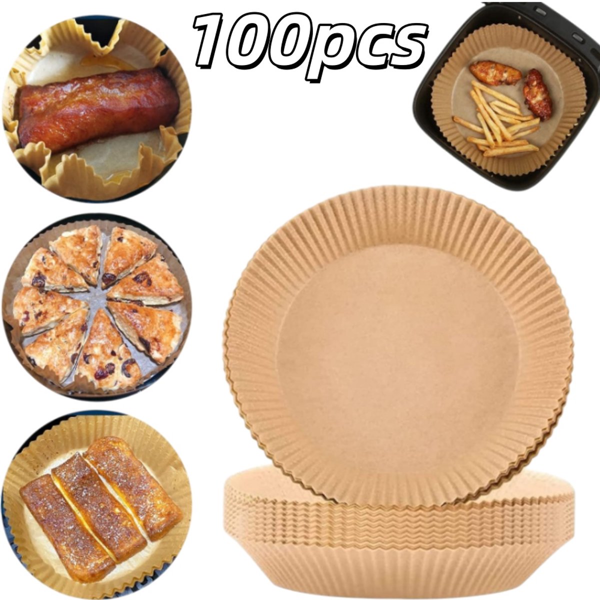 100 stuks Bakmatje voor airfryer - antiaanbaklaag en oliebestendig - filterpapier voor koken - bakmatje - rond, 20 x 4,5 cm - geschikt voor airfryermandjes, magnetrons, ovens, dehydrators, enz. Filterpapier voor koken en bakken - wit