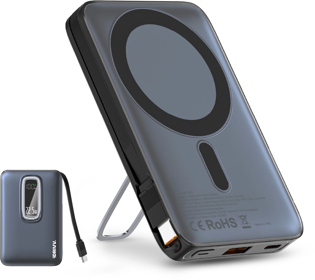 Powerbank 10.000 mAh geschikt voor MagSafe met USB C Kabel - 3 in 1 Ontwerp - 22.5W Draadloze Powerbank - Inclusief 60W Oplaadkabel - Snellaadfunctie - USB & USB C - Zwart -