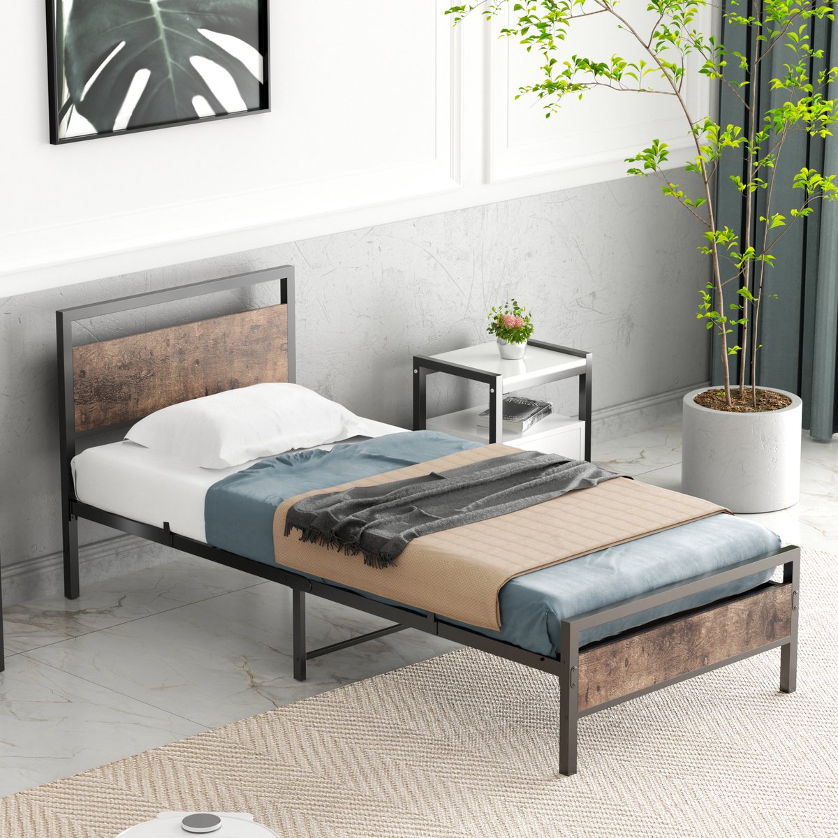 FloraGrace 90x200 Bed - Eenpersoonsbed - Stalen Frame - Stevig Bed - Lattenbodem - Zwart