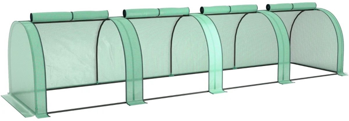 Tunnelkas - Mini Kas Tunnel - met 4 Ritsdeuren- Stalen Frame - Tuin/Kas - Kweektunnel - Kweektent - Kweekkas - Kastunnel - Plant- en Oppotruimte - 395 x 100 x 80 cm - Groen