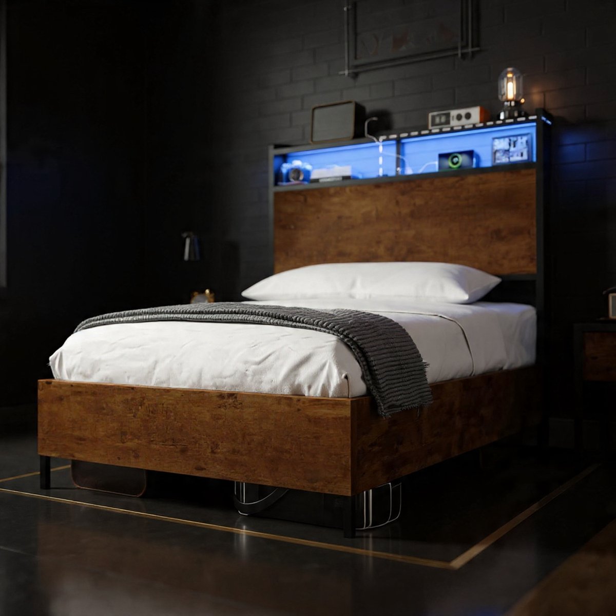 NovaLuxe LED Bedframe 90x200 cm met Oplaadstation en Opbergruimte – Industrieel Metalen Eenpersoonsbed met Houten Hoofdbord en Lattenbodem - House&Garden