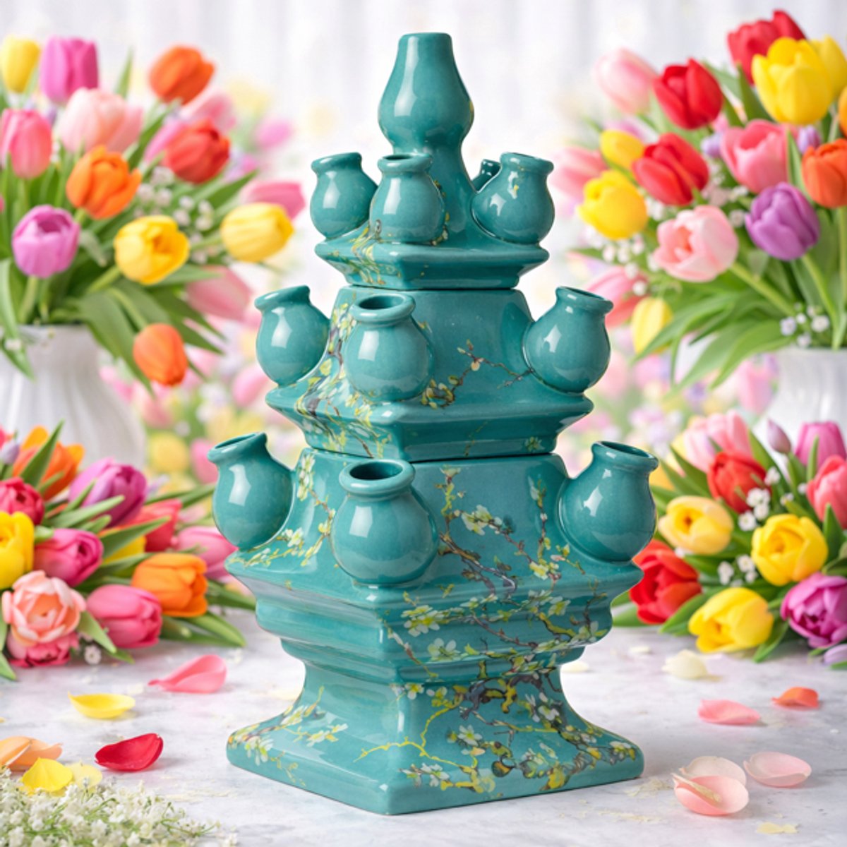 Heinen Delfts Blauw Porseleinen vaas Delfts Blauw tulpenvaas stapelgekte bloemenprint Petrol