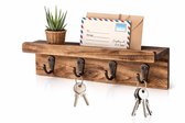 Sleutelrek Wand met Posthouder en Plank – Houten Sleutelhouder met 4 Haken – Wandrek voor Sleutels en Post – Hal Organizer – Bruin Hout