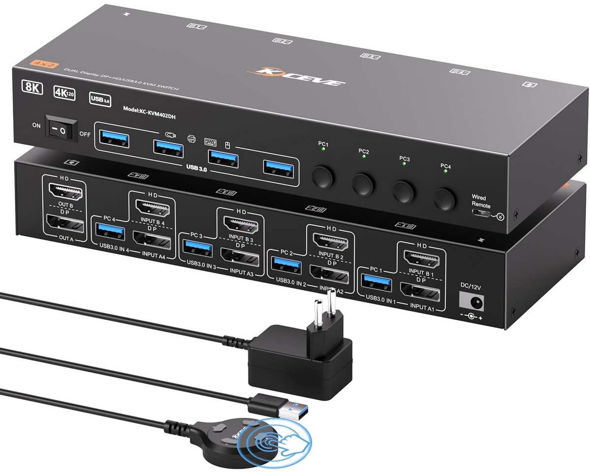 Dual Monitor KVM Switch voor 4 PC's met USB 3.0, DisplayPort en HDMI Ondersteuning