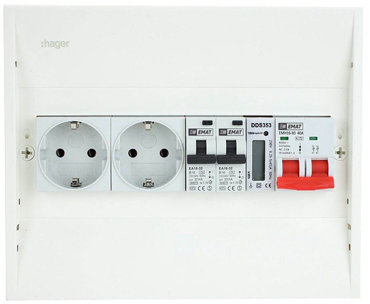 EMAT PV-verdeler 2x B16 alamat met 2x WCD, kWh meter en hoofdschakelaar (PV0008)