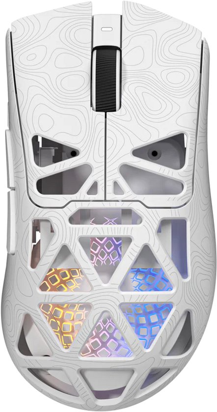Witte FURYCUBE G11 gamingmuis, top-down aanzicht, met contourlijnen patroon en kleurrijke RGB-verlichting.
