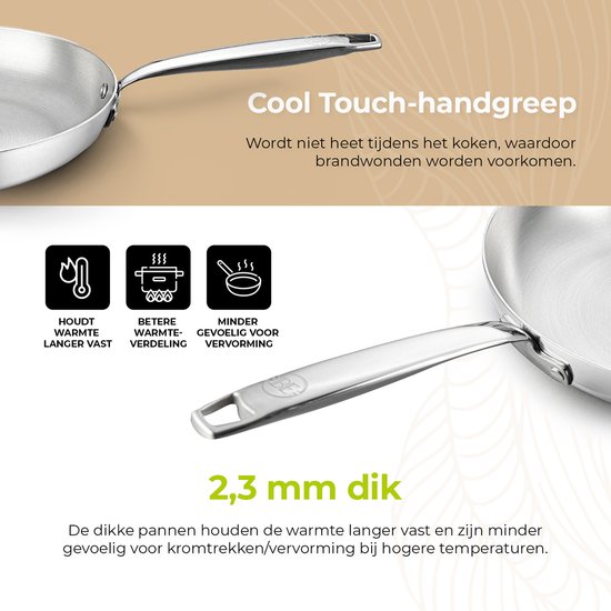 Zilverkleurige pan met roestvrijstalen handvat. De pan heeft een dikte van 2,3 mm.