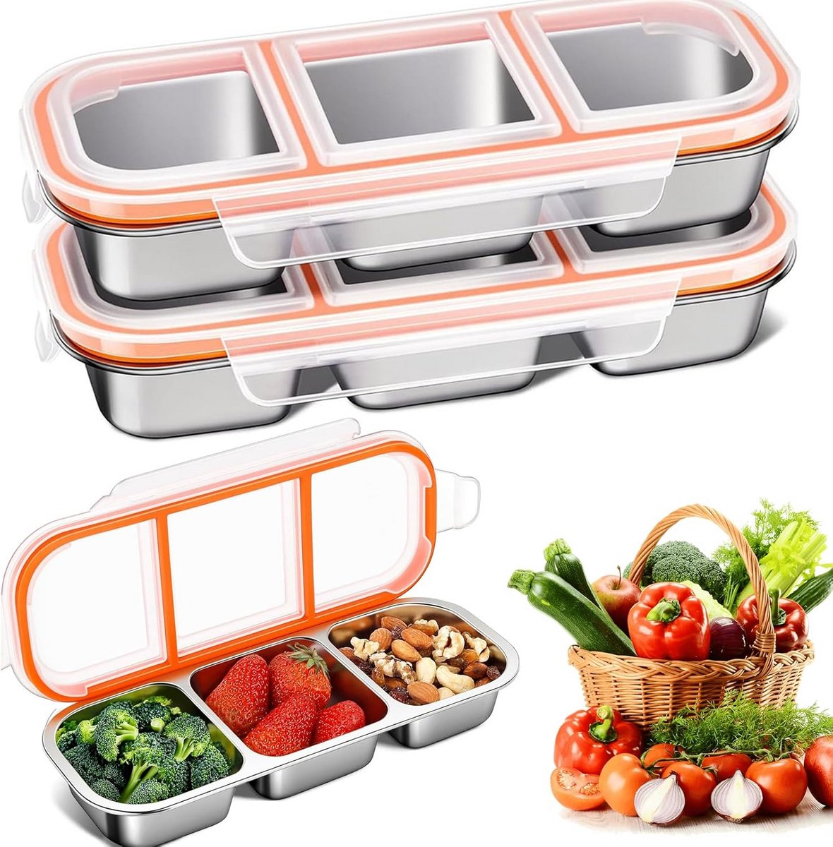 Set van 2 RVS Lunchboxen met 3 Vakken en Lekdicht Deksel (600 ml)
