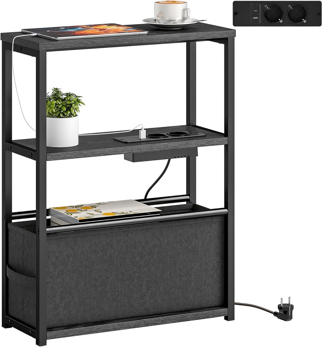 Slanke Bijzettafel met USB & Type-C Oplaadstation en Opbergruimte