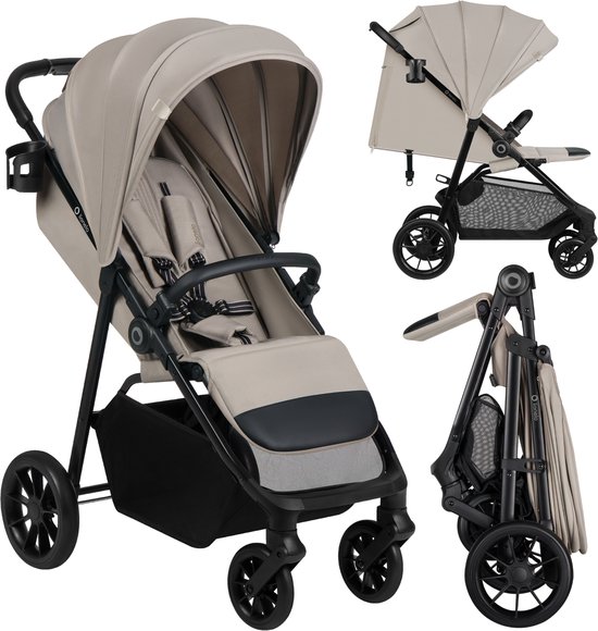 Beige buggy met zwarte wielen, verstelbare kap en boodschappenmand.