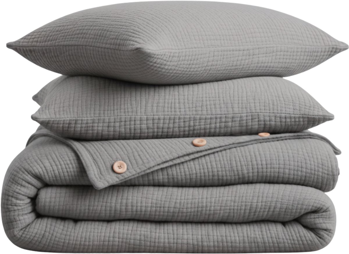 Dekbedovertrek, 4-laags Mousseline, 100% Katoen, Tweepersoons, 200x220 cm, Inclusief Hoeslaken & 2 stuks Kussenslopen 60x70 cm, Grijs, Knoppen van Kokosnoot, Ademend & Comfortabel, Dekbedovertrekset, Hoge Kwaliteit, Dekbedovertrekken, De Linde Home