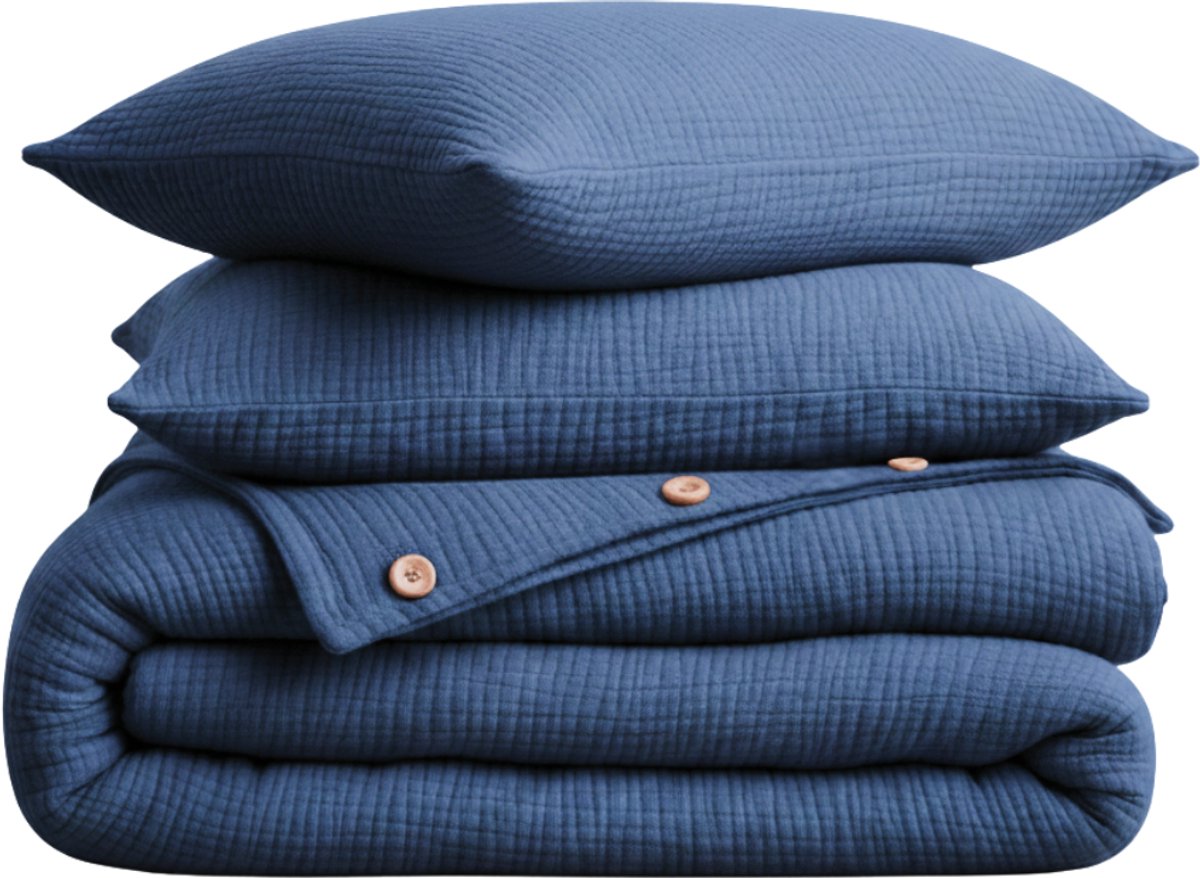 Dekbedovertrek, 4-laags Mousseline, 100% Katoen, Tweepersoons, 200x220 cm, Inclusief Hoeslaken & 2 stuks Kussenslopen 60x70 cm, Blauw, Knoppen van Kokosnoot, Ademend & Comfortabel, Dekbedovertrekset, Hoge Kwaliteit, Dekbedovertrekken, De Linde Home
