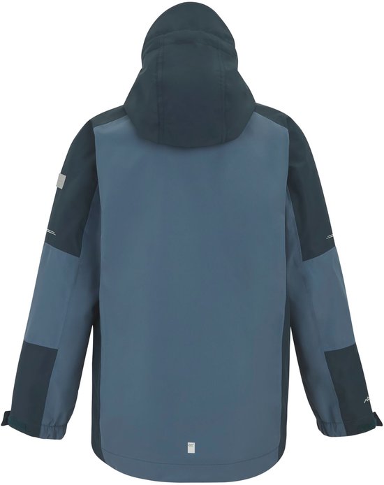 Een grijze en donkerblauwe jas met capuchon, van achteren gezien, met contrasterende panelen op de mouwen.