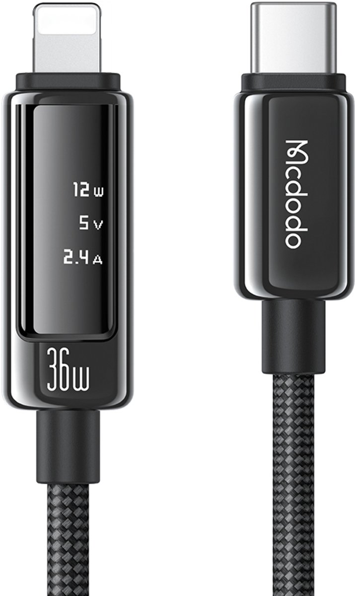 Mcdodo 36W Snellader - USB C naar Lightning Kabel - LED Display -Nylon - Geschikt voor iPhone & iPad - Zwart
