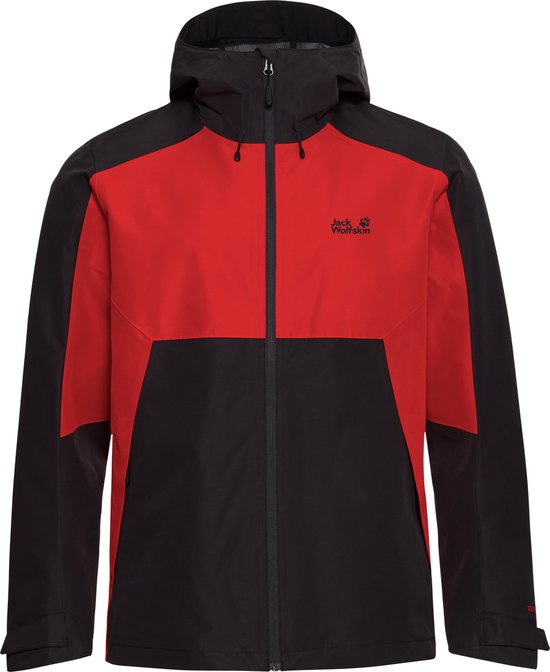 Veste d'extérieur Jack Wolfskin rouge et noire avec capuche et logo Jack Wolfskin sur la poitrine.
