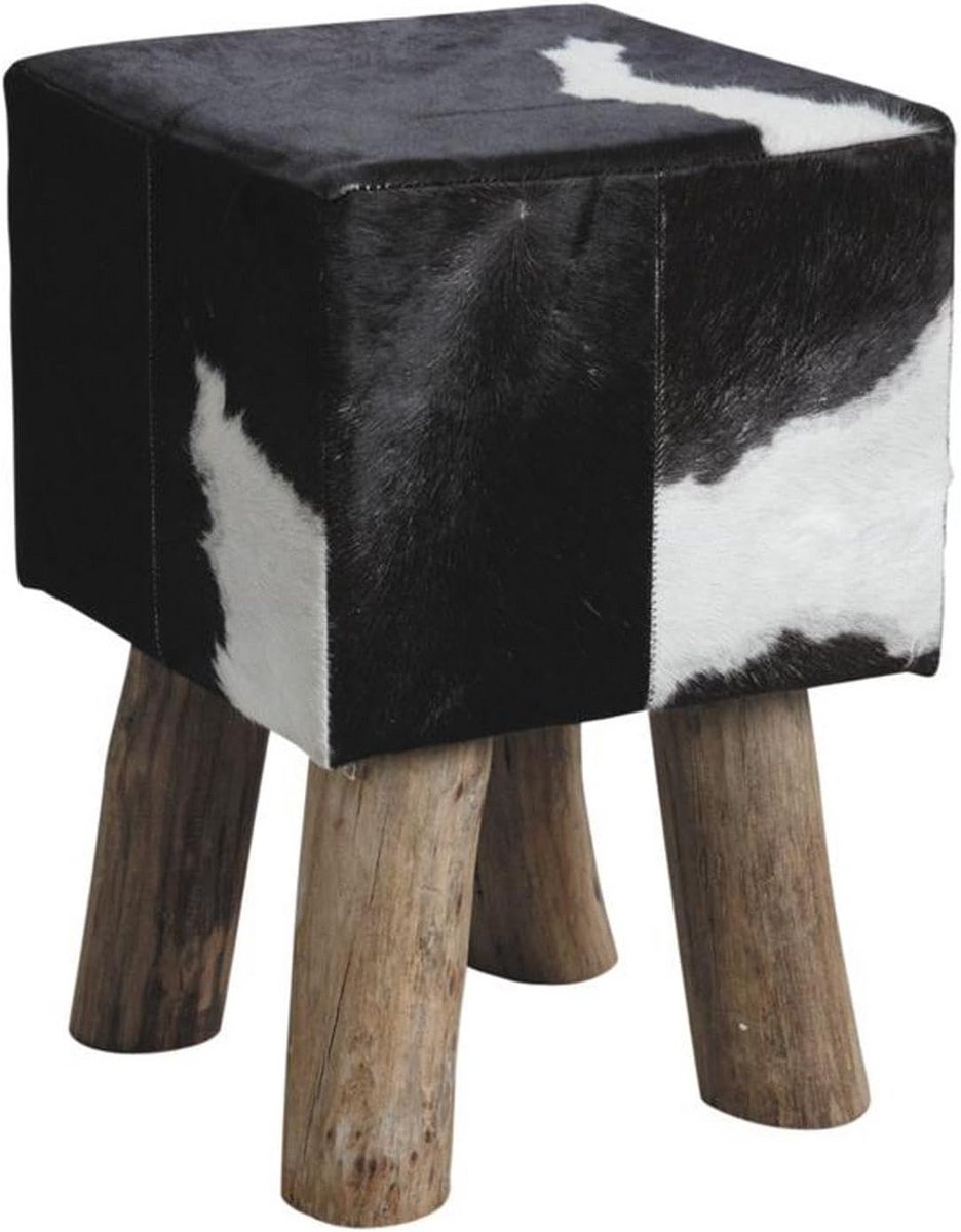 Decoratieve Vierkante Kruk van Koeienhuid en Hout