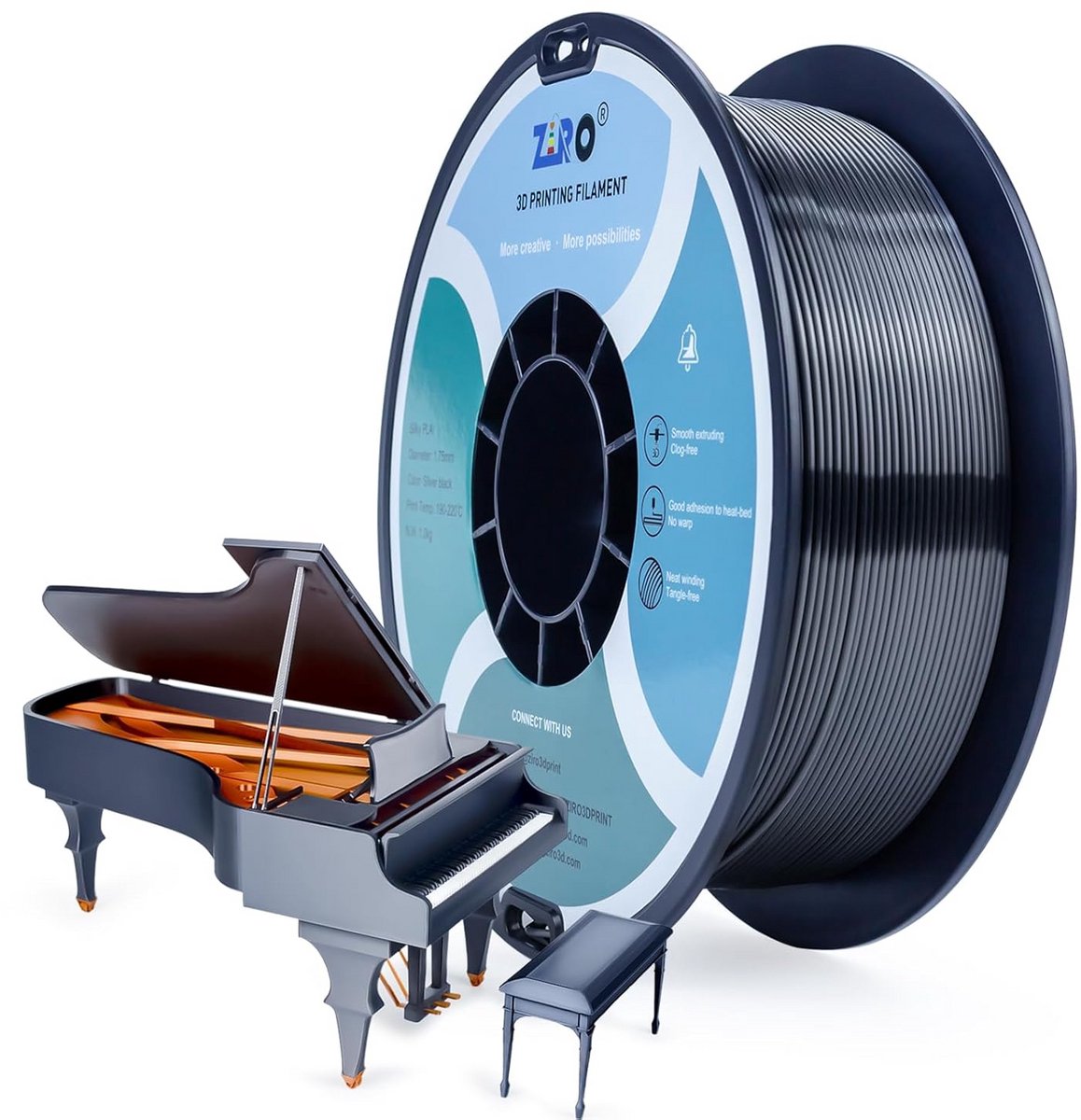 Zijdeachtig PLA 1.75mm 3D Printer Filament 1kg Zilver Zwart