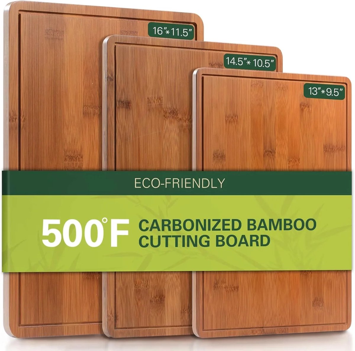 Gecarboniseerde bamboe snijplanken voor de keuken, XL duurzame houten snijplank met sapgroeven en handgrepen, set van 3 stevige serveer- en borrelplanken voor maaltijdvoorbereiding en serveren