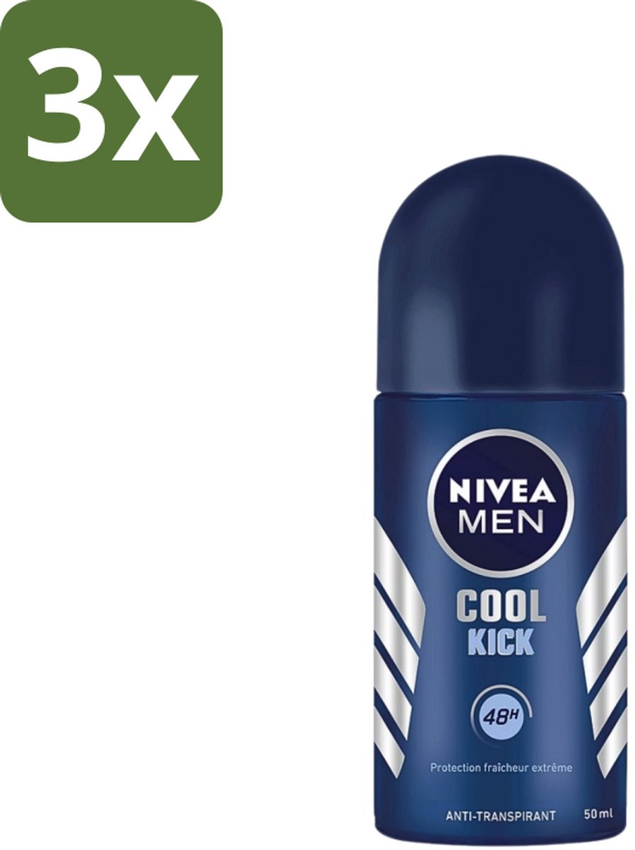 Nivea - Cool Kick - Mannen Rollerdeodorant - 48 Uur Lang Werkend - 50 ml - Bulkverpakking - 3 stuks