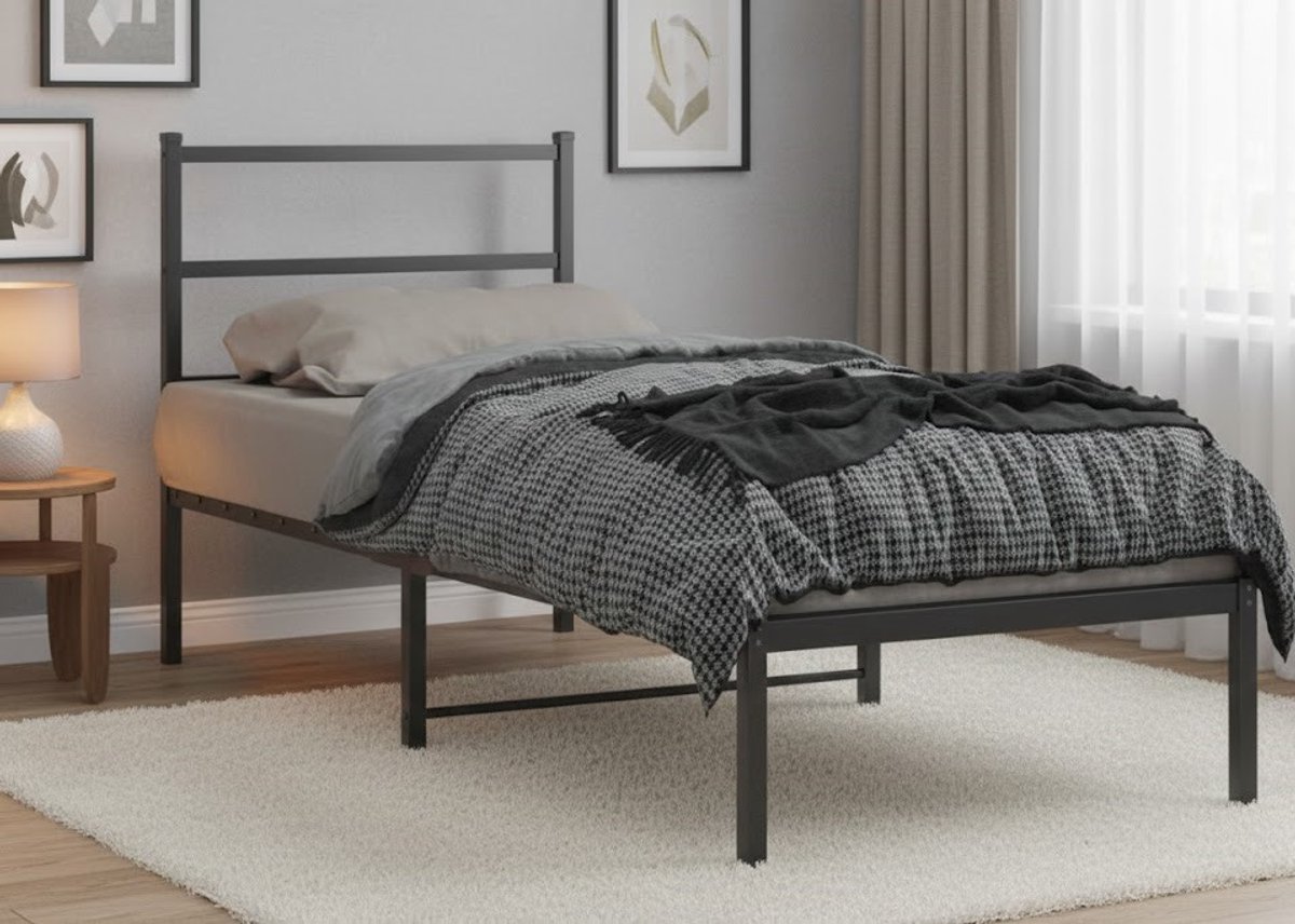 House & Graden Metalen Eenpersoonsbed 75x190 cm met Lattenbodem en Hoofdbord – Zwart Stalen Bedframe met Opbergruimte – House & Graden