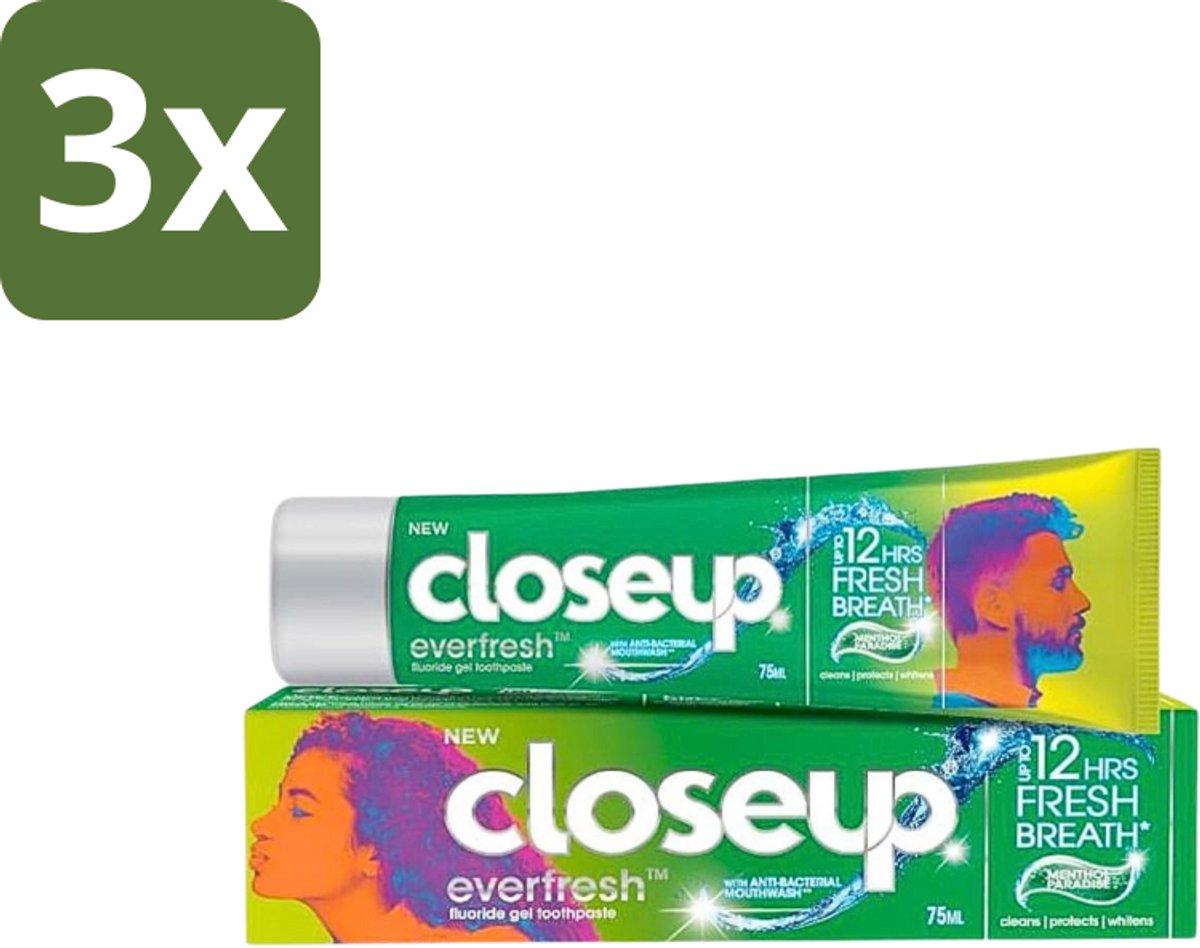 3 x Close Up - Menthol Paradise Tandpasta - Verfrissende Mentholsmaak - 90 g - Frisheid - Menthol - Mondverzorging - Gaatjes - Tandpasta