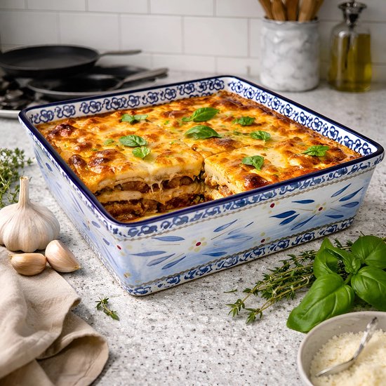 Gevulde vierkante ovenschaal met blauwe en witte patronen, versierd met basilicum.