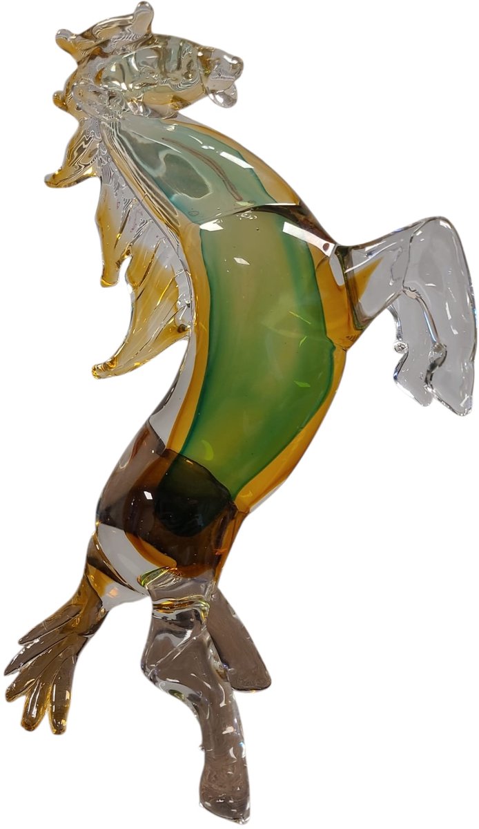 Rawa Geschenken sculptuur van glas paard steigerend - geel groen helden- handgemaakt murano kristal glas horse beeld 22x10x33 cm