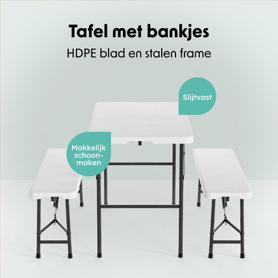 LifeGoods Inklapbare Picknickset - 124cm x 61,5cm - Tuintafel met 2 Banken - Weerbestendig - Campingtafel - Biertafel Opklapbaar - Voor Binnen en Buiten - Voor 4 tot 6 Personen - Wit van Merkloos — afbeelding 3