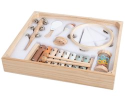 Montessori Houten Muziekinstrumenten Set voor Peuters – 8-delig Muziekspeelgoed – Xylofoon, Tamboerijn, Regenmaker & Triangel – Educatief Speelgoed vanaf 3 Jaar
