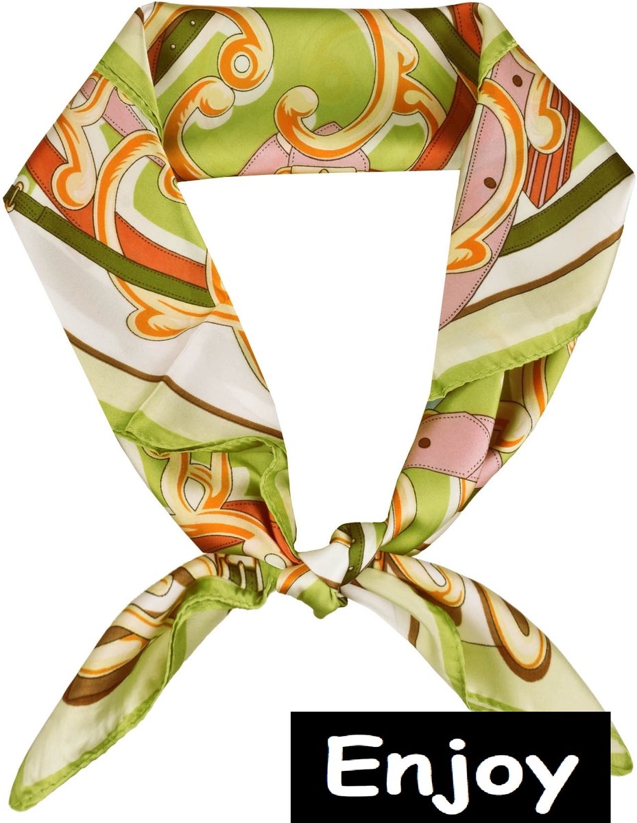 Sjaaltje - vierkant 70 bij 70 cm -groen met riempje motief - Bandana - voor om de hals of in het haar -nieuw - modieus