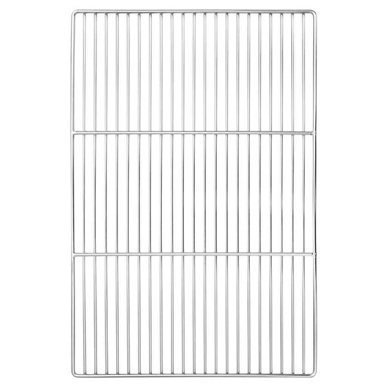 Zilverkleurig, rechthoekig grillrooster met verticale spijlen.