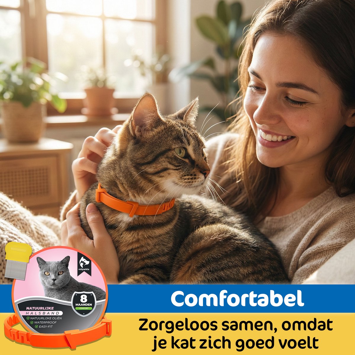 reSparkle Halsband Kat - Natuurlijk - Inclusief Vlooienkam - Oranje – foto 2