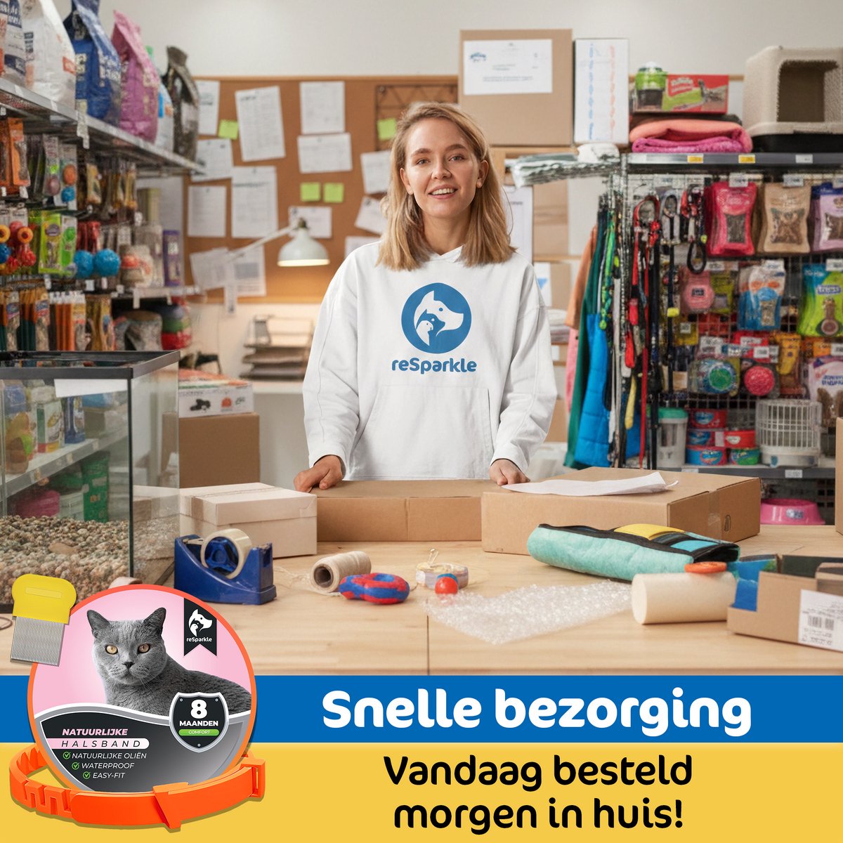 reSparkle Halsband Kat - Natuurlijk - Inclusief Vlooienkam - Oranje – foto 7