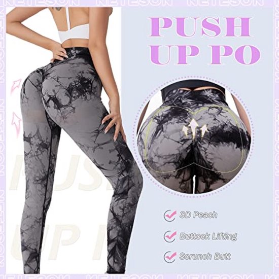 Dames sportlegging met hoge taille en heuplift effect - Zwart-grijs tie dye print - Maat L — afbeelding 3