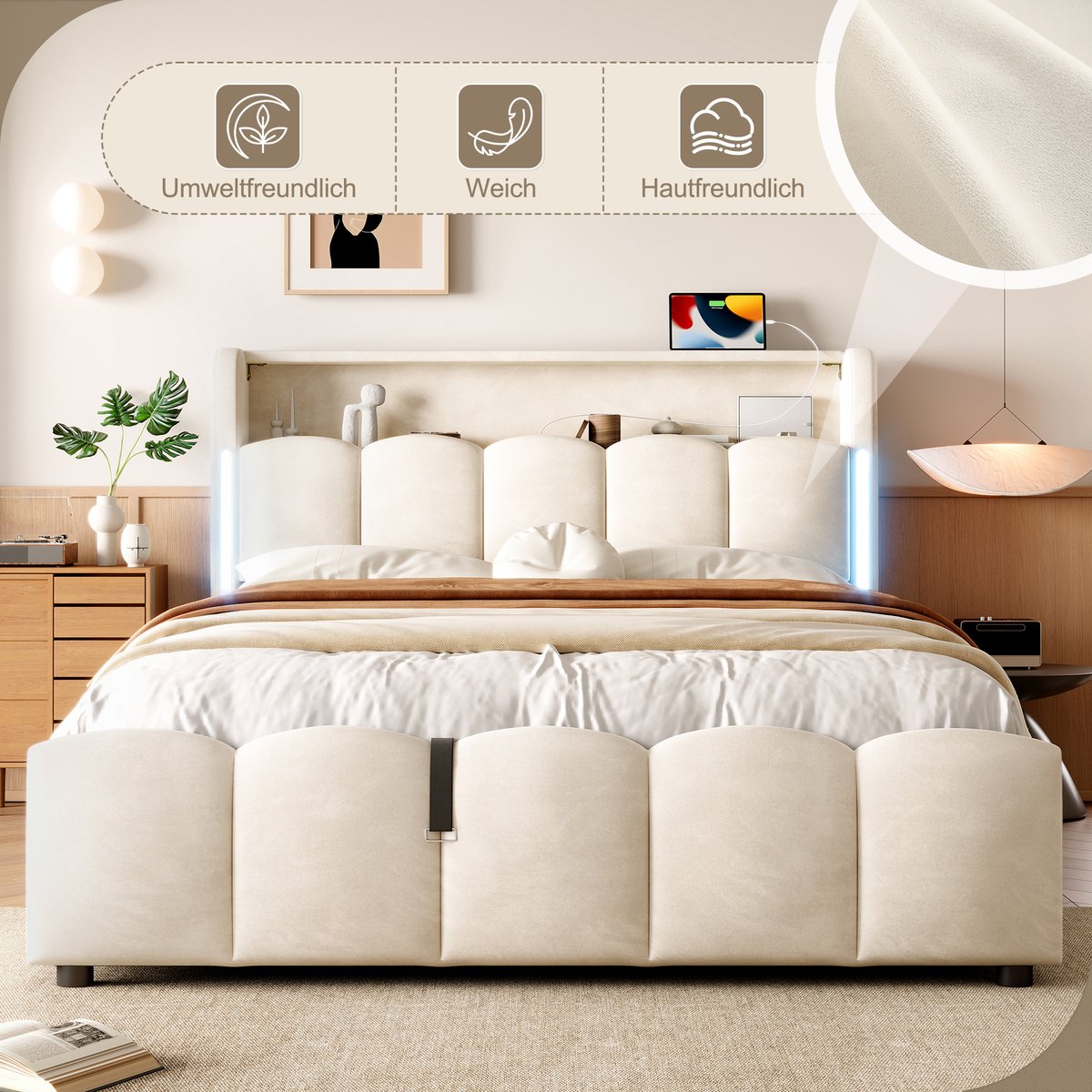 Merax Gestoffeerd bed 140 x 200 cm - met LED-verlichting - met opbergruimte - met USB- en Type-C-poort - beige - zonder matras