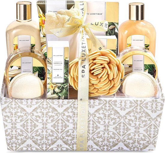 Spa Luxetique - Vanilla Gold - 13-delig Wellness Verwenpakket Vanille - Geschenkset Vrouwen XL - Wellness bath rituals - Verjaardag Cadeau Vrouw, Moeder, Mama, Zus, Vriendin, Oma, Juf - Cadeaupakket voor haar - Valentijn Cadeautjes voor haar