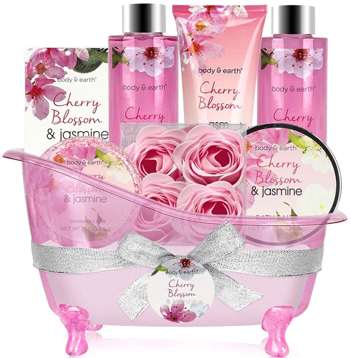 Body & Earth - Cherry Blossom - Wellness Geschenkset Vrouwen - Cadeaupakket in Roze badkuip - wellness bath rituals - Verjaardag cadeau vrouw moeder, vriendin, zus, oma, mama - Verwenpakket Kado - Cadeautje voor haar Giftset