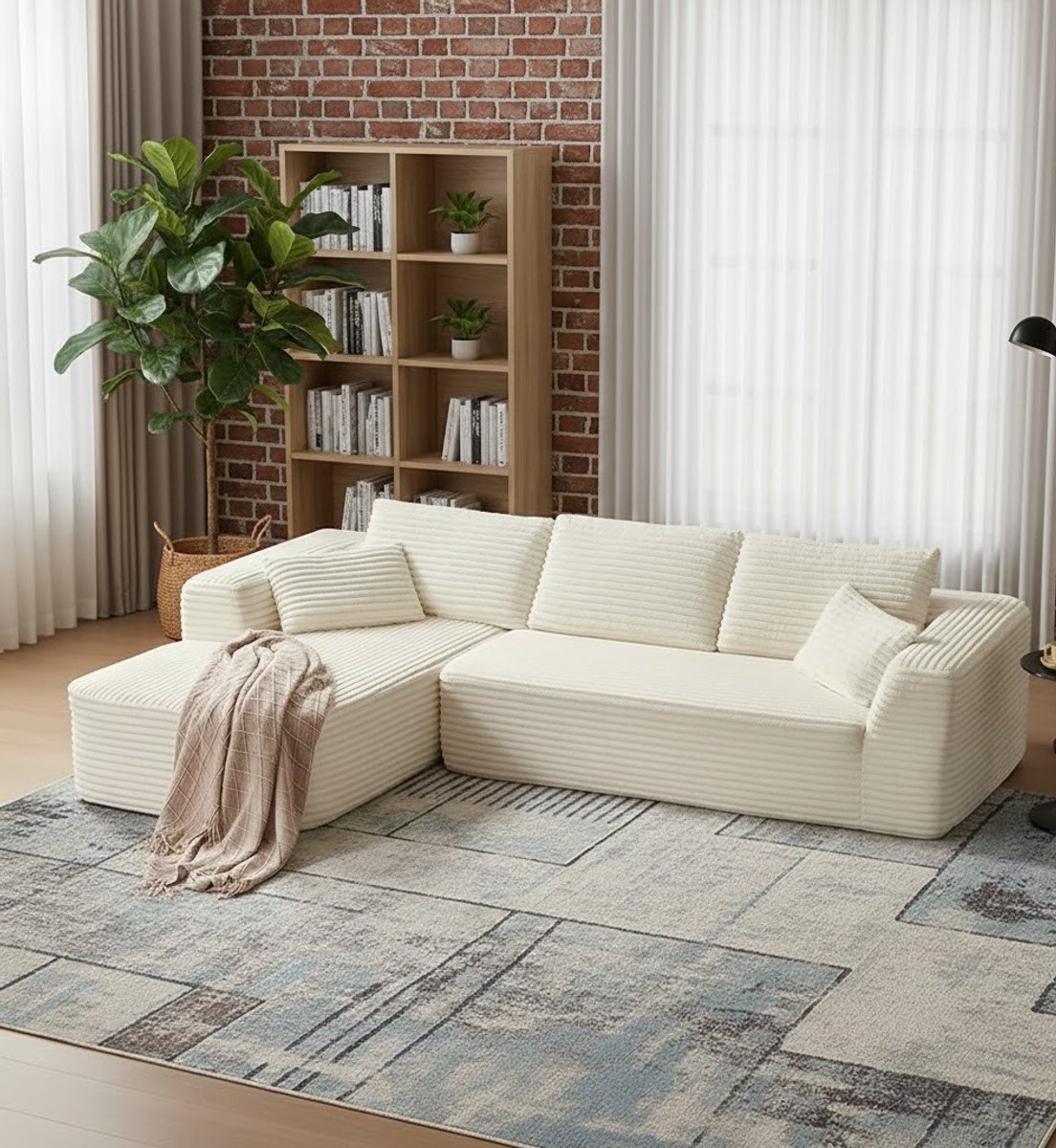 CloudLuxe Modulaire Hoekbank met Slaapfunctie 270 cm – Beige Corduroy L-Vormige 3-Zits met Chaise Longue & Hocker – Geen Montage Nodig House&Garden