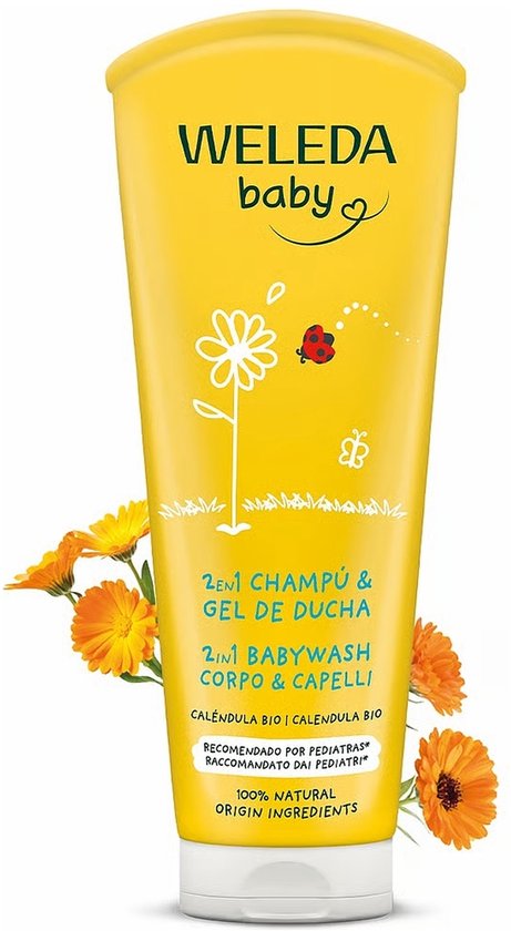 Gele Weleda baby 2-in-1 shampoo en douchegel met witte dop, met illustraties van bloem, lieveheersbeestje en vlinder.