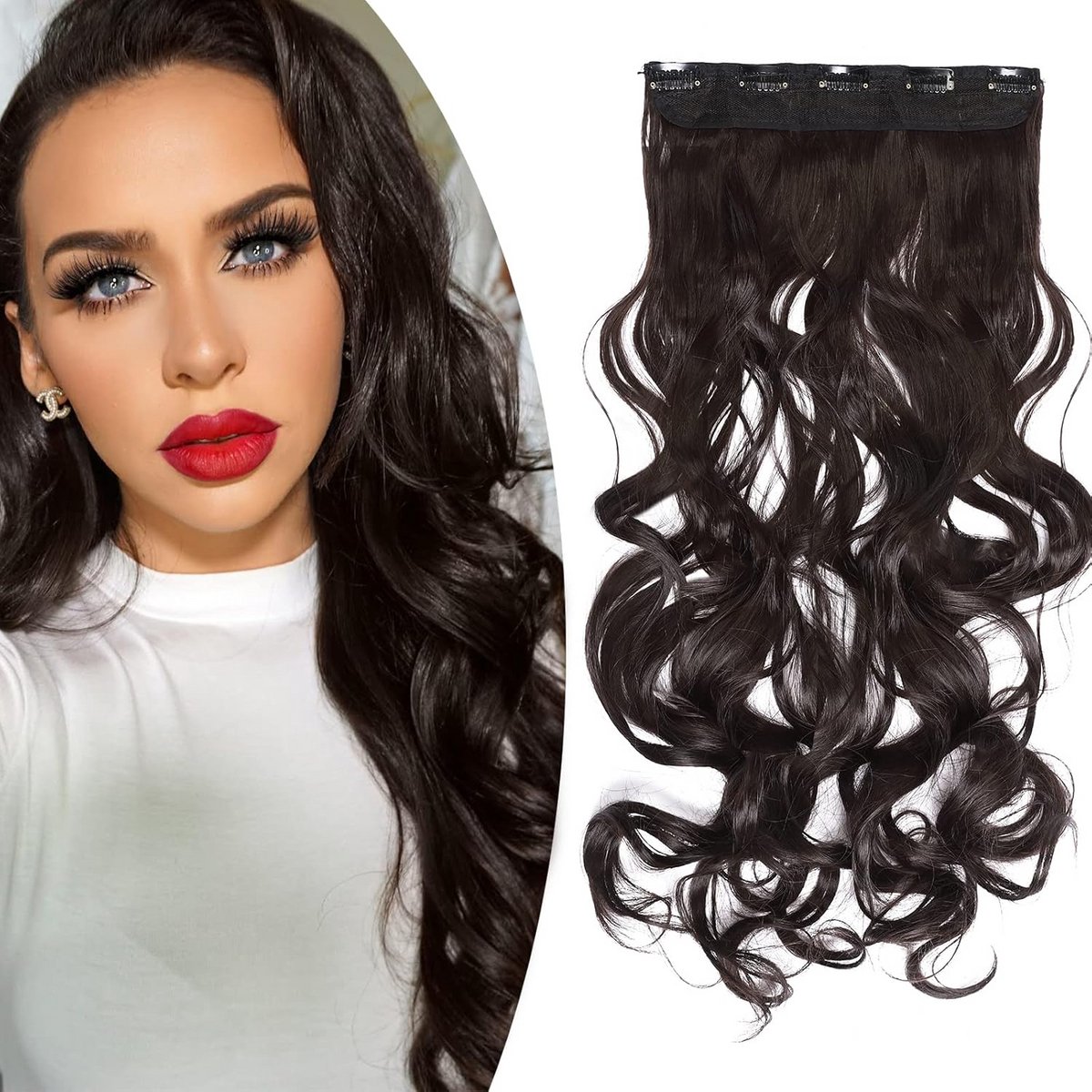 Golvende Haarverlenging met Clips - 3/4 Volledig Hoofd - 43 cm Donkerbruin