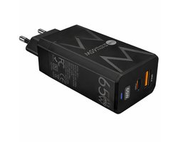 Gmedia 65W USB-C GaN Oplader – 2 Poorts Snellader – USB-C PD & USB-A QC 3.0 – Snellader - Universeel – Zwart