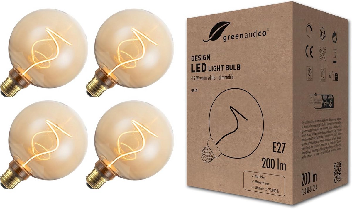 4x Vintage LED G125 Gloeilamp E27 Dimbaar Extra Warm Wit 1800K Gouden Look