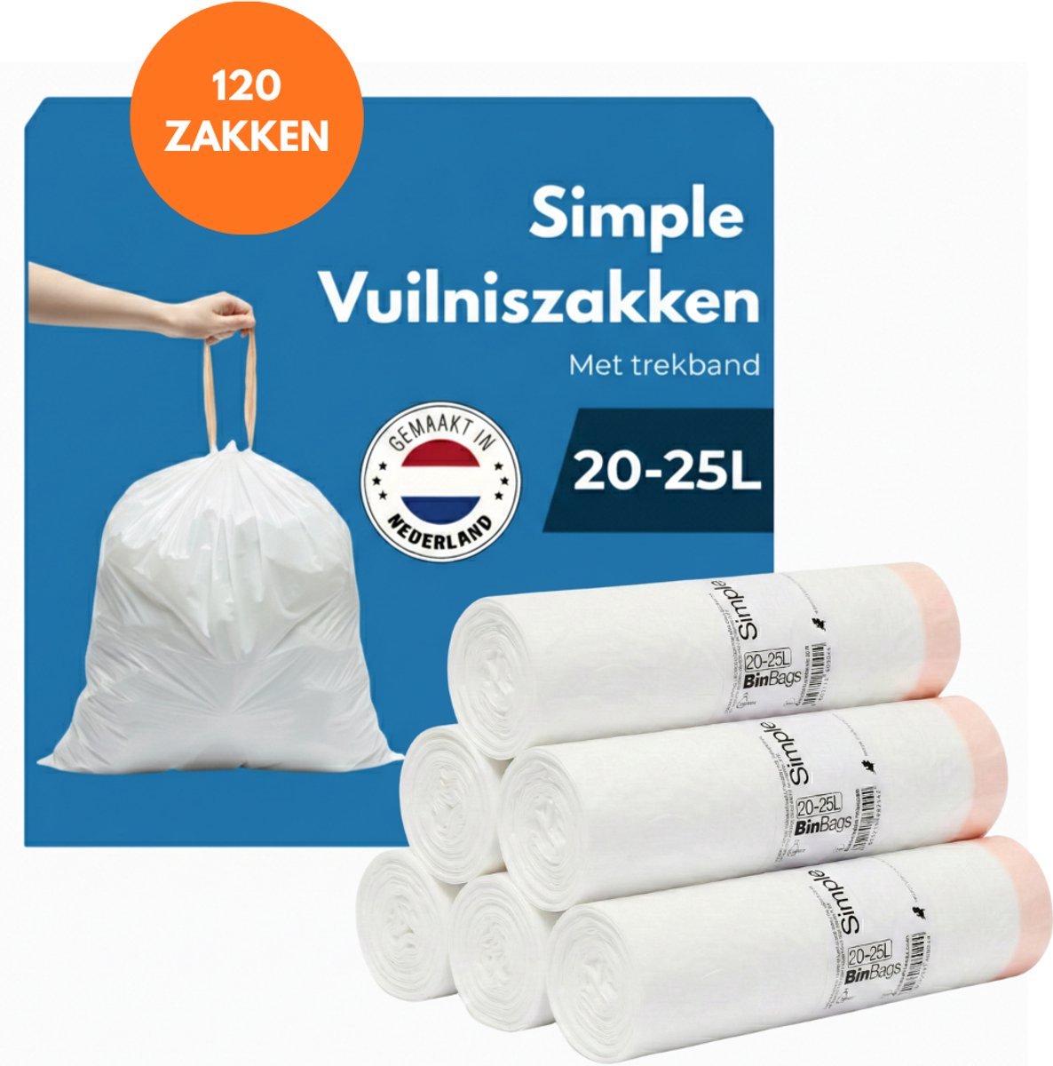 Simple Vuilniszakken 20/25 liter - 6 Rollen x 20 Stuks - Geschikt Voor Brabantia Code J - Brabantia Vuilniszakken J - 20/25L - Afvalzakken 20 liter - Geproduceerd in Nederland - Afvalzakken 25 liter - Vuilzakken 25 liter