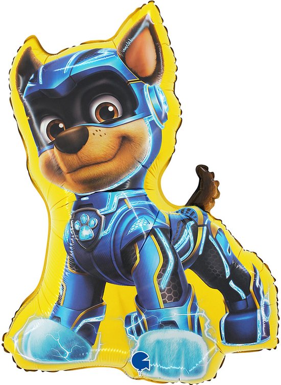 Chase, de gele Paw Patrol ballon, in een blauw superheldenpak met bliksemaccenten en een masker.