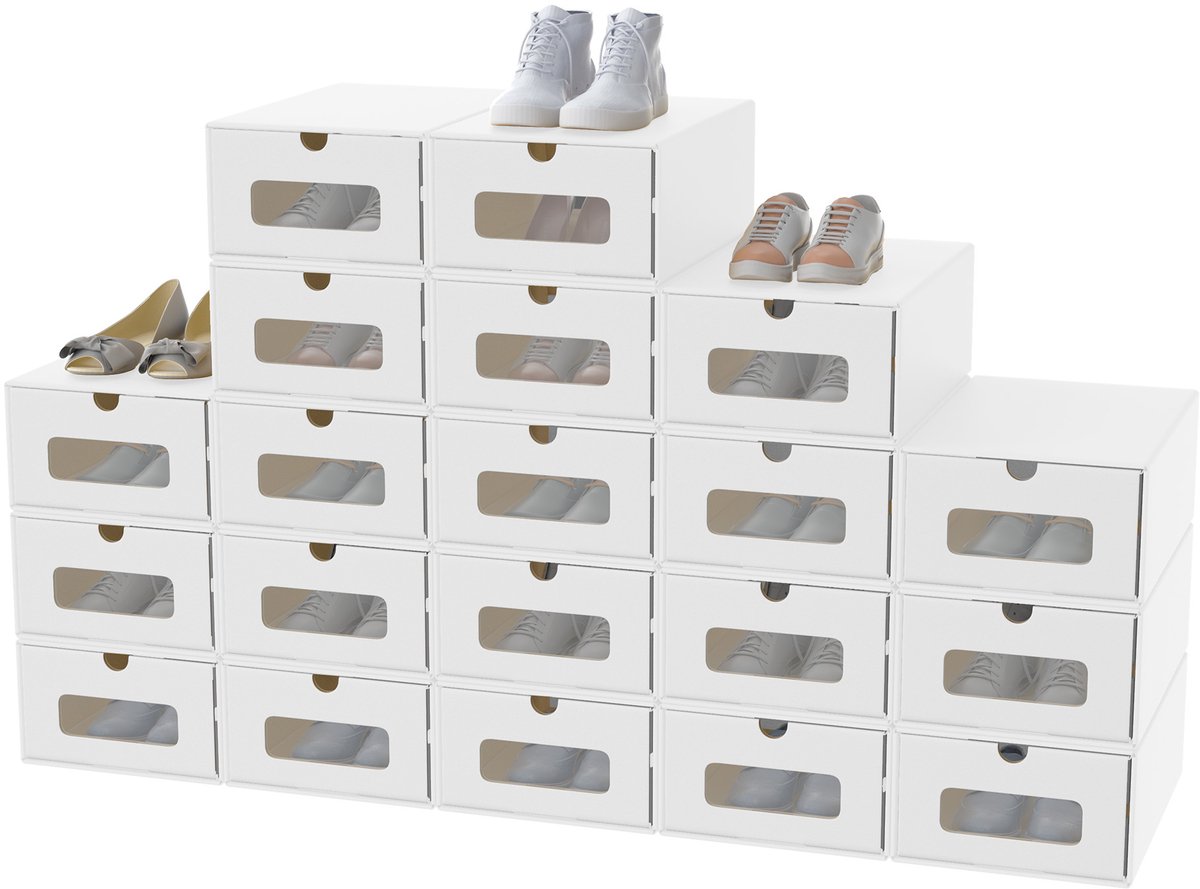ACXIN Schoenendozen Stapelbaar - Opbergdoos Met Transparant Kijkvenster - 34,5x23,5x13,5cm Wit 20 Stuks