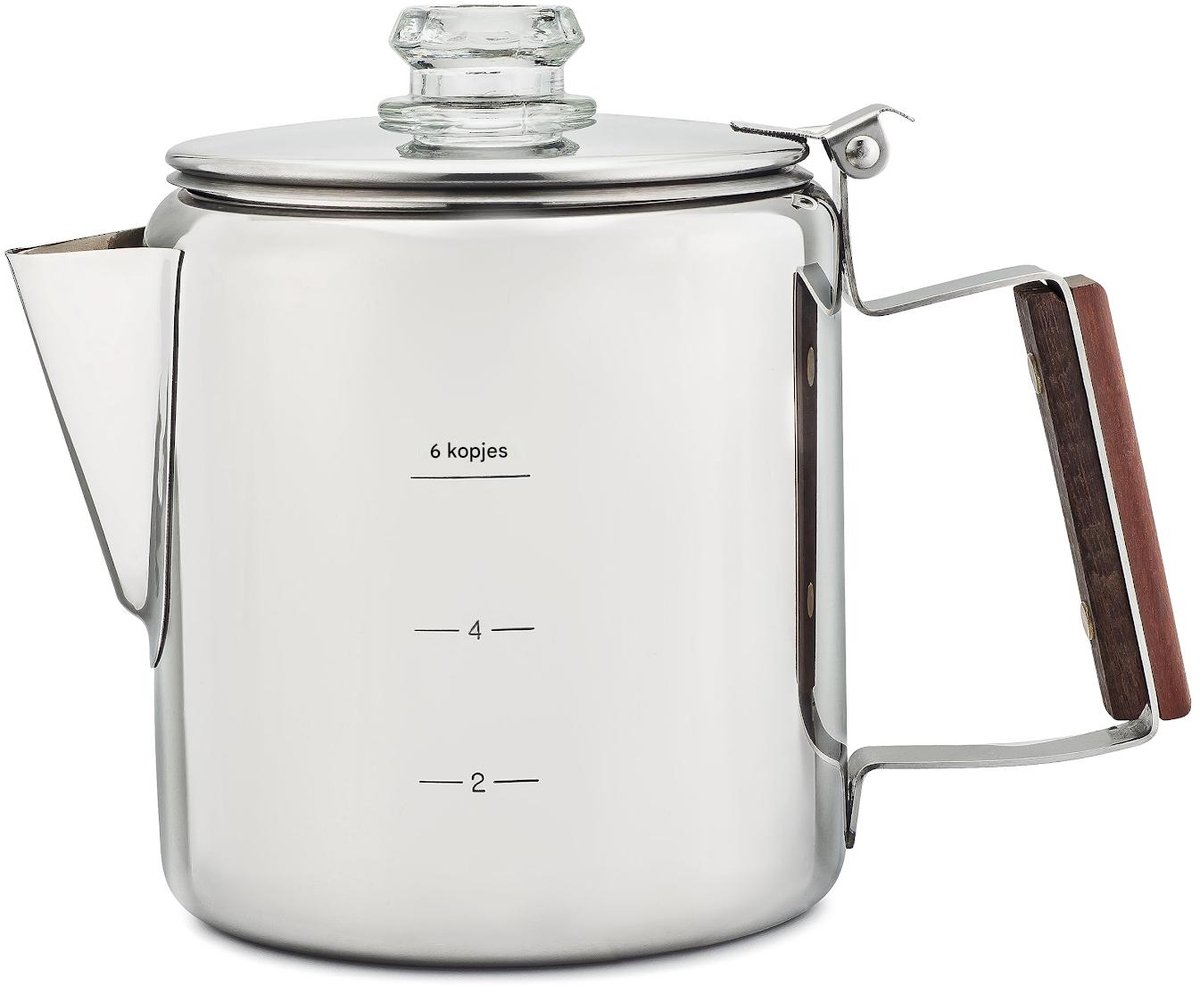 Elkuaie Koffiepot - Percolator - Roestvrij Staal Met Houten Handvat En Gehard Glazen Deksel - 6 Koppen - Voor Open Vuur En Campers Zilver
