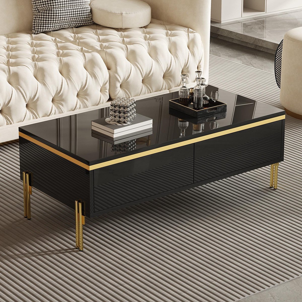 KOMHTOM BLACKCOLORS Moderne glanzende salontafel, elegante bijzettafel, multifunctioneel, woonkamermeubel, 100 x 50 x 36 cm (lengte x breedte x hoogte) Zwart