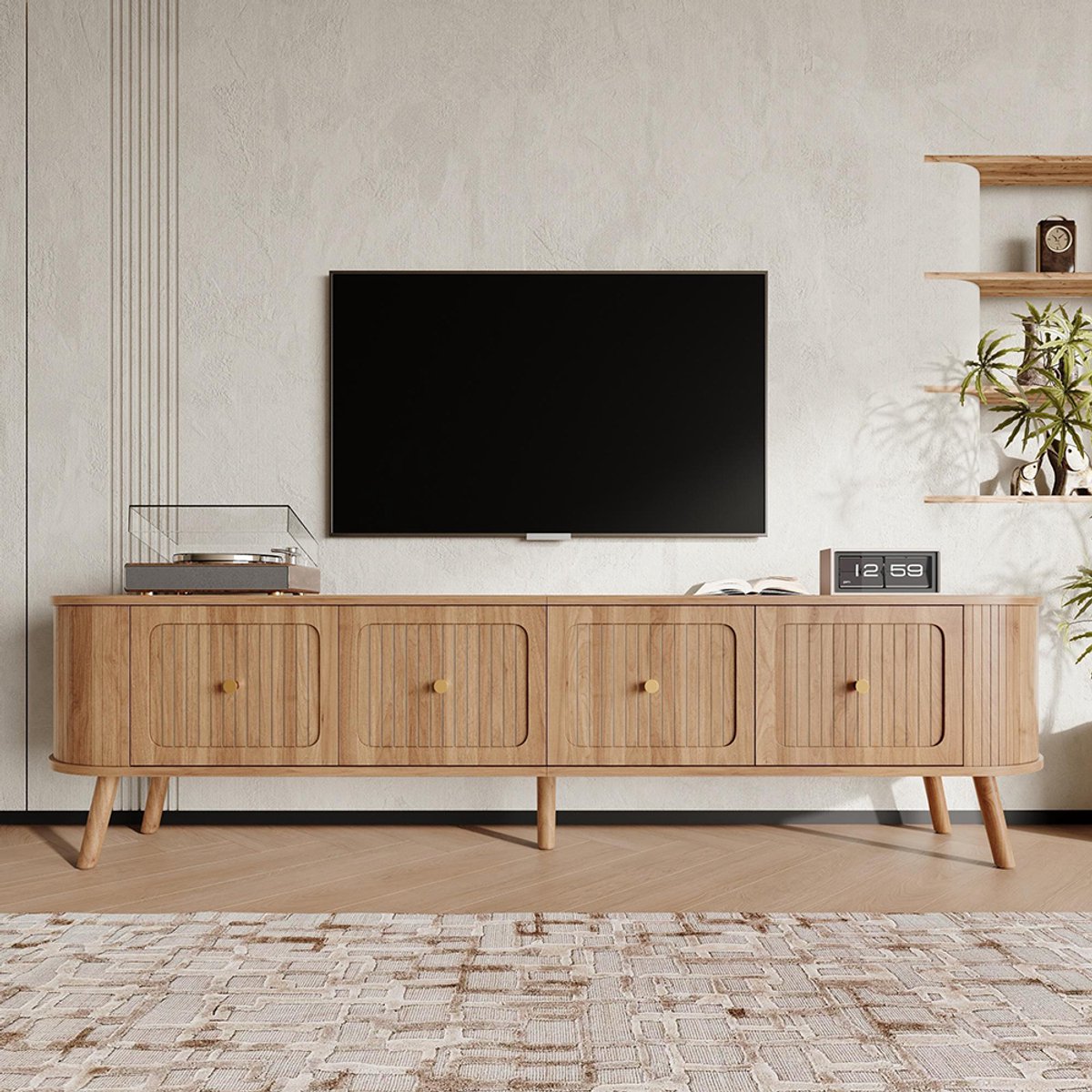 KOMHTOM BLACKCOLORS Moderne tv-kast, tv-standaard, tv-paneel, lage tv-standaard. Vier kastdeuren, gouden handgrepen, houten poten, uniek design. 180 x 38 x 47 cm (L x B x H) Eiken