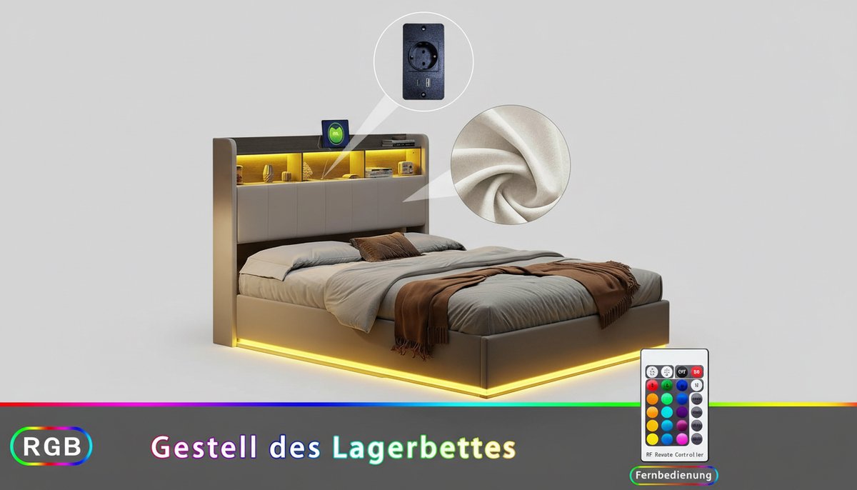 Gestoffeerd Tweepersoonsbed 140x200 cm – Casa Velluto Hydraulisch Opbergbed met LED-hoofdeinde, USB-aansluiting en Lattenbodem, Fluwelen Bedframe voor Volwassenen en Jongeren – Modern Luxe Opbergbed