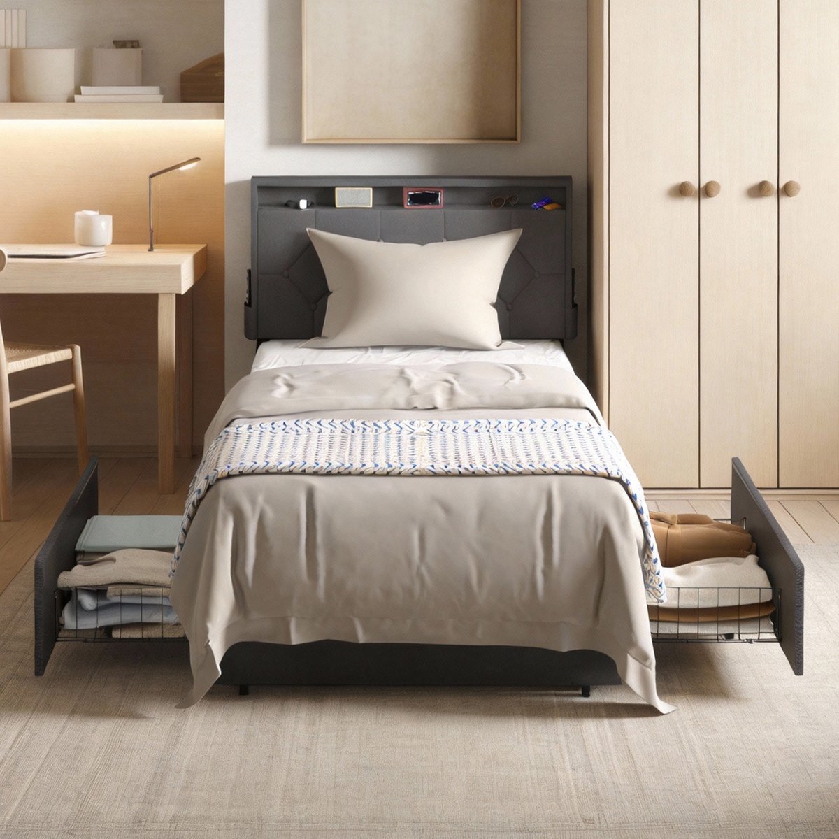 Gestoffeerd Bed 90x200 cm met Lades – Linnen Bedframe met Opbergruimte – Hoofdbord met Vak
